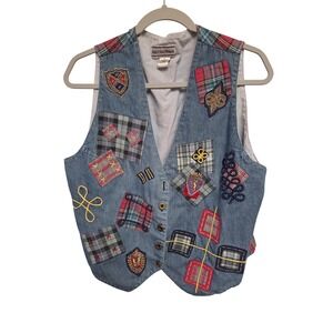 Vintage 90s August Max Denim Vest Plaid Patchwork Embellished‎ Sleeveless XL